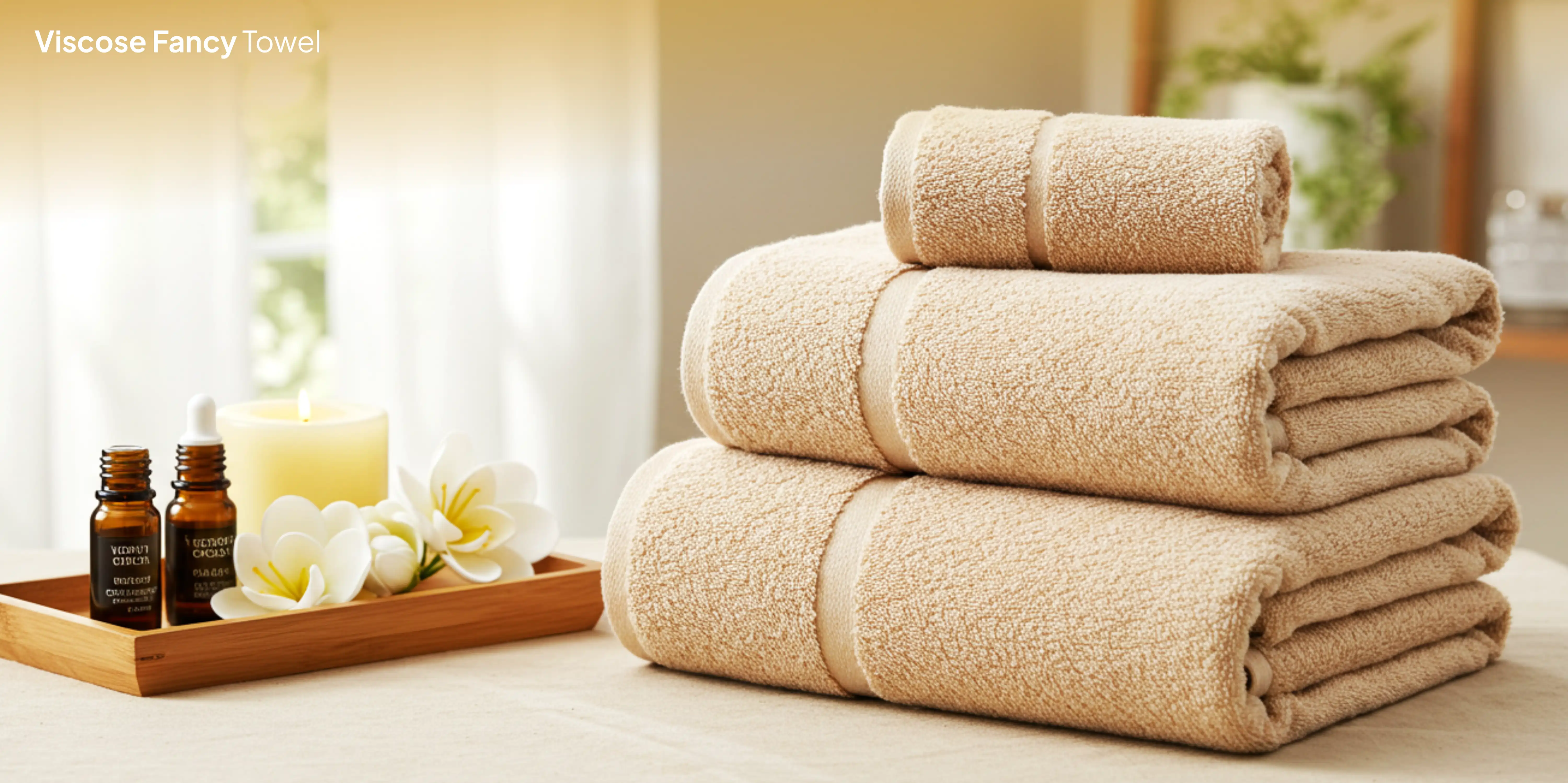 Stack of beige towels with spa accessories.